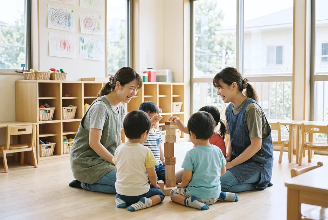 子どもと積み木であそぶ保育者たち