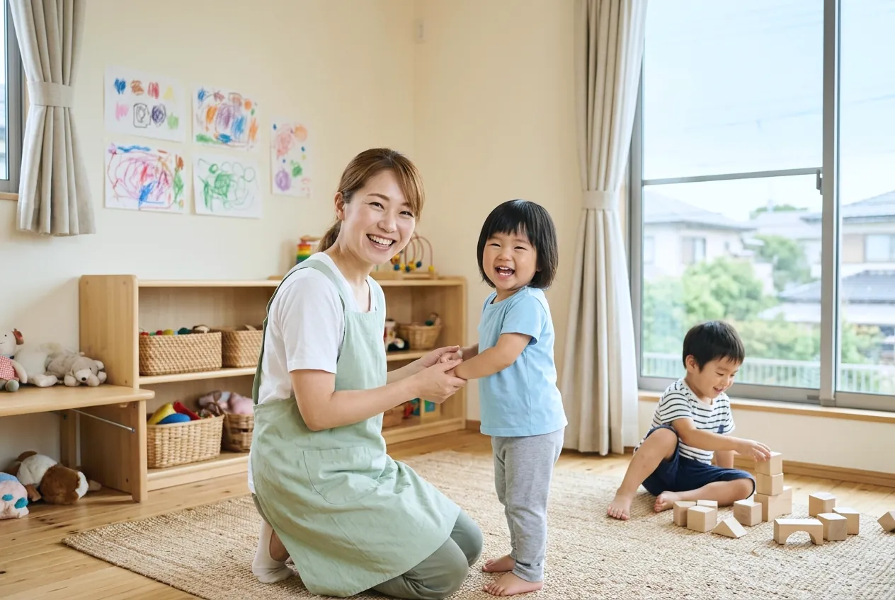 保育者と手をつないで笑う子ども
