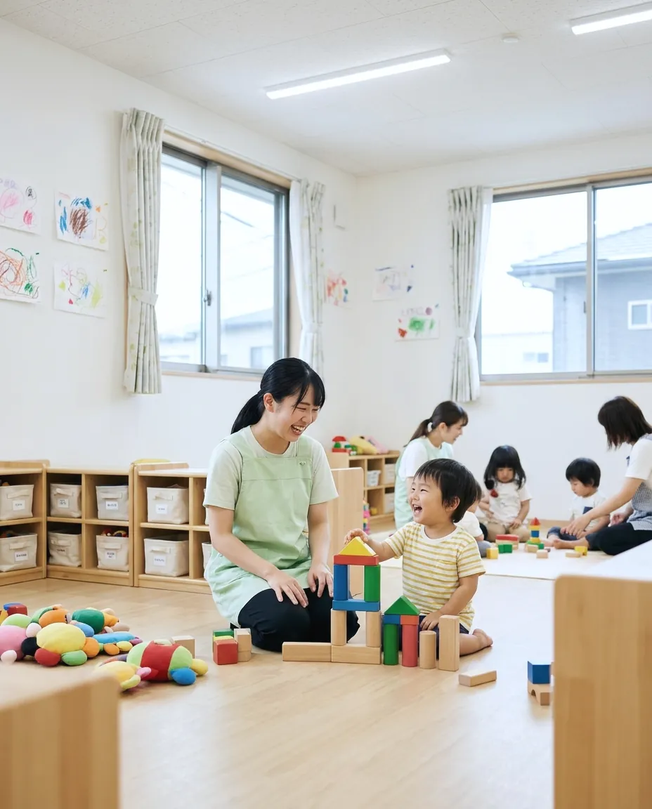 子どもと積み木であそぶ保育者