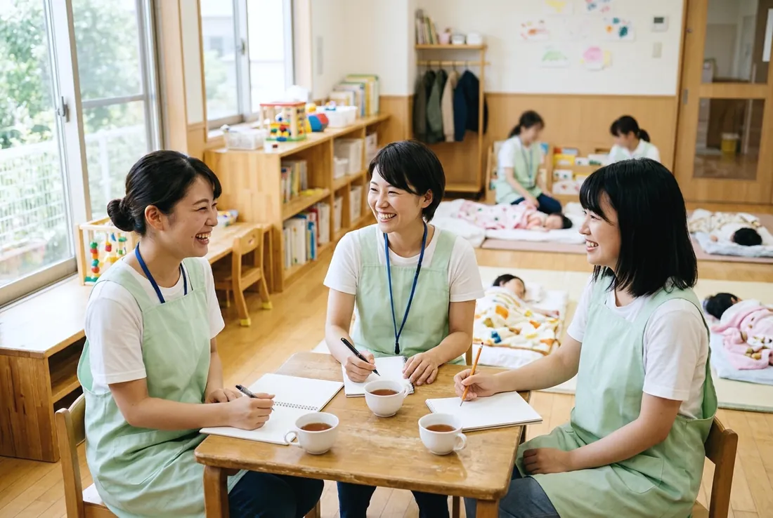 お昼寝の時間に話し合う保育者たち